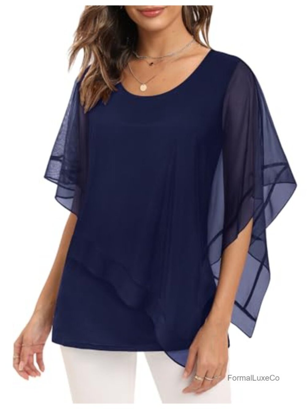Double Layered Mesh Blouse Flowy Poncho Top Dressy Casual Shirt